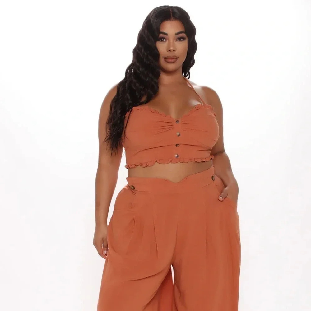 Fashion Nova Halter Top Cropped Linen blend Camel XL Boho festival Hippie